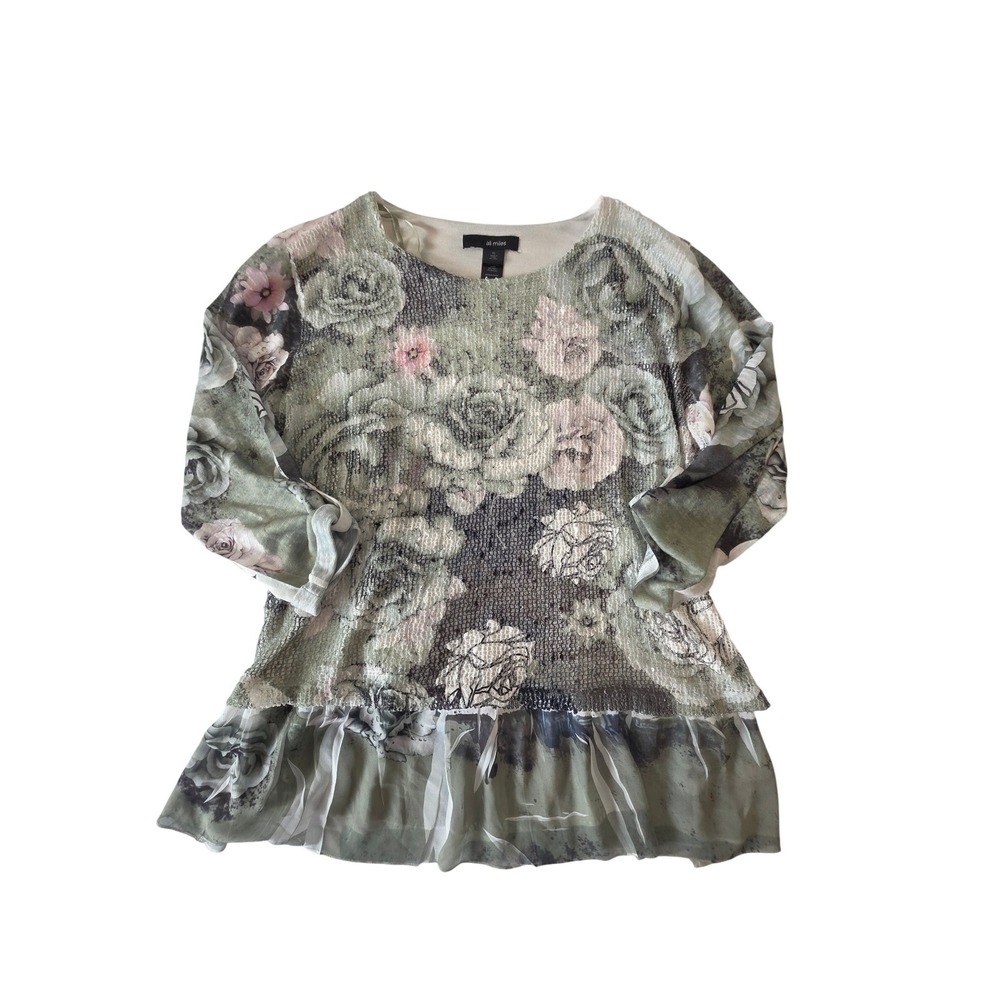 Tunic Top Floral Mesh Sequin Tiered Hem XL Green Boho Fairycore Lagenlook Spring